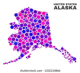 Mosaic Alaska map isolated on a white background. Vector geographic abstraction in pink and violet colors. Mosaic of Alaska map combined of scattered round dots.