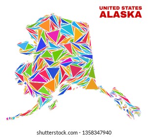 Mosaic Alaska map of triangles in bright colors isolated on a white background. Triangular collage in shape of Alaska map. Abstract design for patriotic decoration.