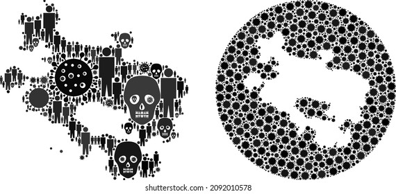 Mosaic Alava Province map united from flu virus icons and people and skull icons. Evil virus Alava Province map collage created with sphere and stencil. Collages created for quarantine projects.