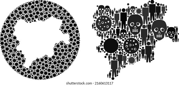 Mosaic Albacete Province map designed from sars virus elements and humans and death elements. Flu virus Albacete Province map collage created with sphere and cut out shape.