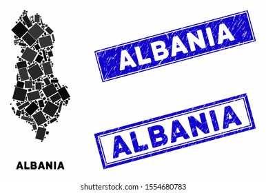 Mosaic Albania map and rectangular seals. Flat vector Albania map mosaic of randomized rotated rectangular items. Blue caption rubber seals with distress texture.
