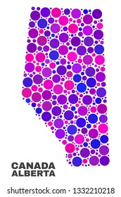 Mosaic Alberta Province map isolated on a white background. Vector geographic abstraction in pink and violet colors. Mosaic of Alberta Province map combined of scattered circle dots.