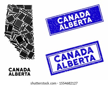 Mosaic Alberta Province map and rectangular stamps. Flat vector Alberta Province map mosaic of randomized rotated rectangular items. Blue caption stamps with rubber surface.