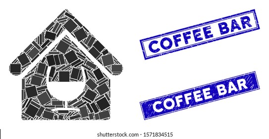 Mosaic alcohol bar pictogram and rectangle Coffee Bar seal stamps. Flat vector alcohol bar mosaic pictogram of randomized rotated rectangle items. Blue Coffee Bar seal stamps with rubber textures.