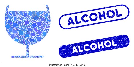 Mosaic alcohol glass and corroded stamp seals with Alcohol caption. Mosaic vector alcohol glass is formed with randomized rectangle items. Alcohol seals use blue color, and have round rectangle shape.