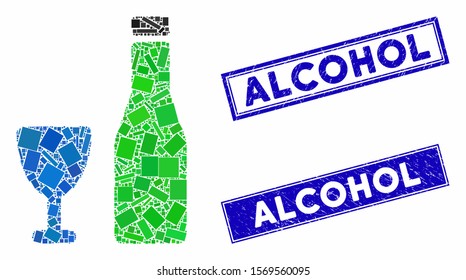 Mosaic alcohol pictogram and rectangular seal stamps. Flat vector alcohol mosaic pictogram of scattered rotated rectangular elements. Blue caption seals with distress surface.