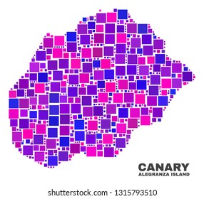 Mosaic Alegranza Island map isolated on a white background. Vector geographic abstraction in pink and violet colors. Mosaic of Alegranza Island map combined of scattered square items.