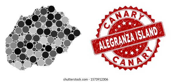 Mosaic Alegranza Island map and round seal stamp. Flat vector Alegranza Island map mosaic of random spheric elements. Red rubber stamp with rubber style.