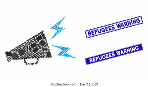 Mosaic alert megaphone icon and rectangle seals. Flat vector alert megaphone mosaic icon of random rotated rectangle items. Blue caption seals with rubber textures.
