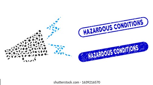 Mosaic alert megaphone and rubber stamp seals with Hazardous Conditions text. Mosaic vector alert megaphone is composed with random ellipse items. Hazardous Conditions stamp seals use blue color,
