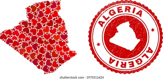 Mosaic Algeria map composed from red love hearts, and scratched badge. Vector lovely round red rubber badge imitation with Algeria map inside.