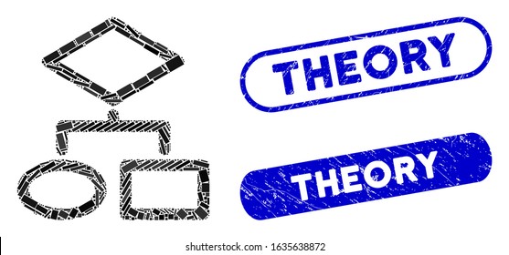 Mosaic algorithm and corroded stamp seals with Theory text. Mosaic vector algorithm is created with randomized rectangle items. Theory stamp seals use blue color, and have round rectangle shape.