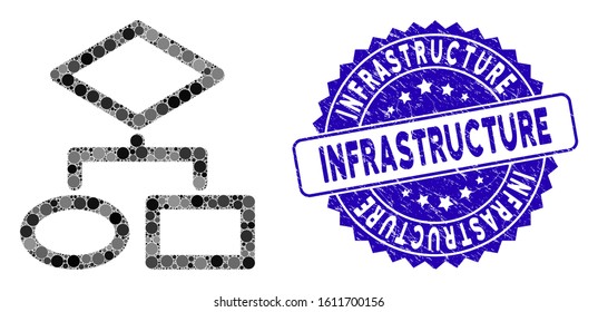Mosaic algorithm icon and distressed stamp watermark with Infrastructure caption. Mosaic vector is created with algorithm icon and with scattered round items. Infrastructure stamp uses blue color,