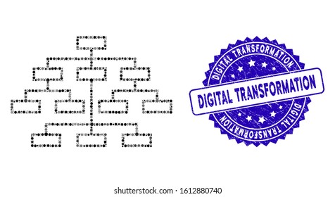 Mosaic algorithm tree icon and corroded stamp seal with Digital Transformation phrase. Mosaic vector is created from algorithm tree icon and with random round elements.
