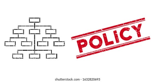 Mosaic algorithm tree icon and red Policy stamp between double parallel lines. Flat vector algorithm tree mosaic icon of scattered rotated rectangle items.