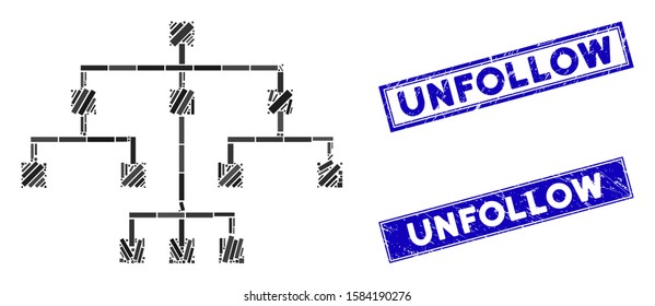 Mosaic algorithmic tree icon and rectangle Unfollow seal stamps. Flat vector algorithmic tree mosaic icon of random rotated rectangle elements. Blue Unfollow seal stamps with corroded texture.