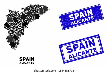 Mosaic Alicante Province map and rectangle stamps. Flat vector Alicante Province map mosaic of random rotated rectangle items. Blue caption seal stamps with grunged textures.