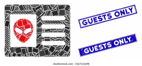 Mosaic alien account card icon and rectangular stamps. Flat vector alien account card mosaic icon of scattered rotated rectangular items. Blue caption stamps with distress textures.