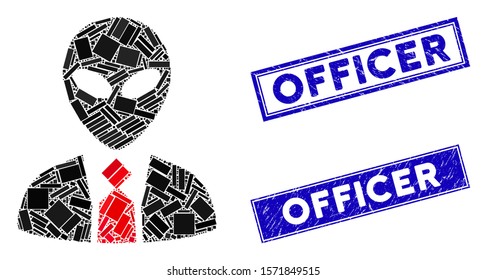 Mosaic alien boss icon and rectangle Officer seal stamps. Flat vector alien boss mosaic pictogram of scattered rotated rectangle items. Blue Officer seal stamps with distress textures.