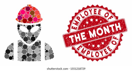 Mosaic alien builder and grunge stamp seal with Employee of the Month phrase. Mosaic vector is formed with alien builder icon and with random circle spots.
