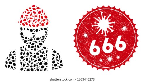 Mosaic alien builder icon and red round distressed stamp watermark with 666 text and coronavirus symbol. Mosaic vector is created with alien builder icon and with randomized oval items.