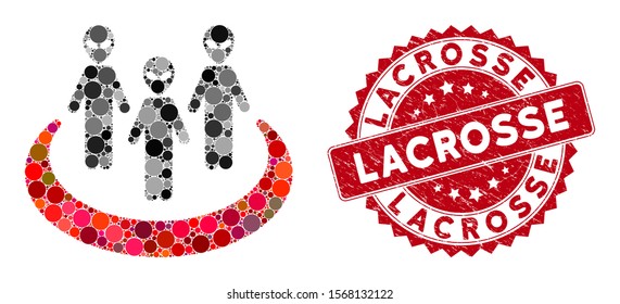 Mosaic alien community and distressed stamp watermark with Lacrosse phrase. Mosaic vector is created with alien community icon and with scattered spheric elements. Lacrosse stamp uses red color,