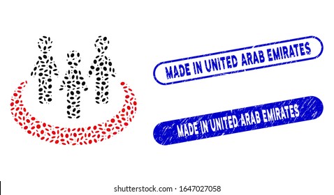 Mosaic alien community and rubber stamp seals with Made in United Arab Emirates phrase. Mosaic vector alien community is created with random oval pieces.