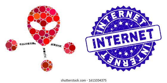 Mosaic alien connections icon and corroded stamp seal with Internet phrase. Mosaic vector is composed with alien connections pictogram and with scattered round spots.