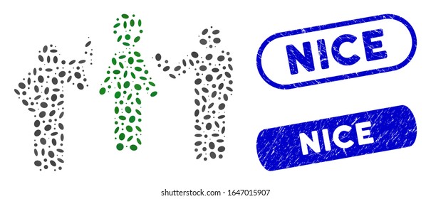 Mosaic alien contacts and distressed stamp seals with Nice text. Mosaic vector alien contacts is designed with scattered elliptic dots. Nice stamp seals use blue color, and have round rectangle shape.