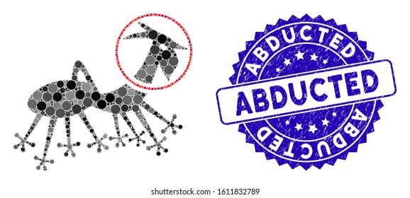 Mosaic alien creature space suit icon and corroded stamp seal with Abducted phrase. Mosaic vector is formed with alien creature space suit pictogram and with scattered round items.