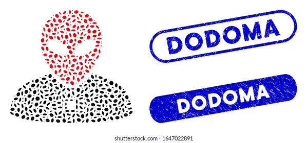 Mosaic alien cyborg and grunge stamp watermarks with Dodoma caption. Mosaic vector alien cyborg is formed with scattered oval items. Dodoma stamp seals use blue color, and have round rectangle shape.