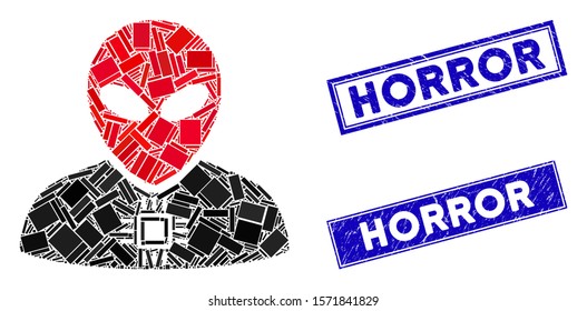 Mosaic alien cyborg pictogram and rectangular Horror seal stamps. Flat vector alien cyborg mosaic pictogram of scattered rotated rectangular elements. Blue Horror seal stamps with grunged surface.