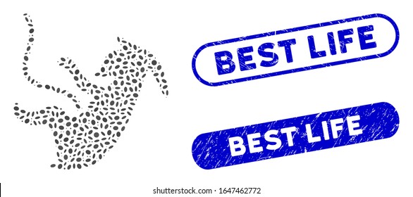 Mosaic alien embryo and distressed stamp seals with Best Life caption. Mosaic vector alien embryo is designed with random elliptic dots. Best Life stamp seals use blue color,