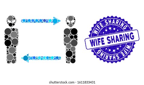 Mosaic alien exchange arrows icon and distressed stamp seal with Wife Sharing text. Mosaic vector is designed with alien exchange arrows pictogram and with random circle elements.