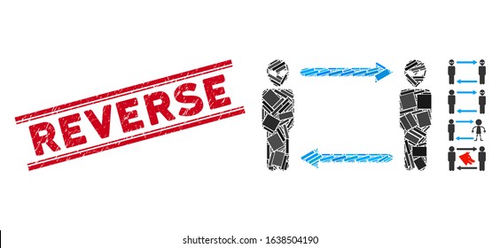 Mosaic alien exchange arrows pictogram and red Reverse stamp between double parallel lines. Flat vector alien exchange arrows mosaic pictogram of scattered rotated rectangular elements.