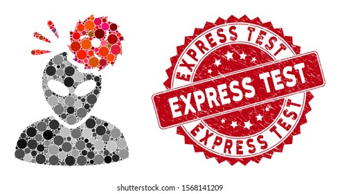 Mosaic alien exploration and corroded stamp seal with Express Test phrase. Mosaic vector is designed with alien exploration icon and with random round elements. Express Test stamp seal uses red color,
