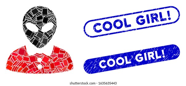 Mosaic alien female and rubber stamp seals with Cool Girl! phrase. Mosaic vector alien female is created with scattered rectangle items. Cool Girl! stamp seals use blue color,
