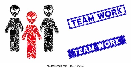 Mosaic alien group icon and rectangular stamps. Flat vector alien group mosaic icon of scattered rotated rectangular items. Blue caption seals with grunge textures.