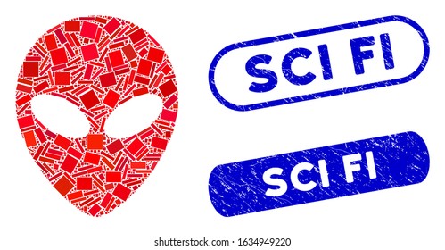 Mosaic alien head and corroded stamp seals with Sci Fi text. Mosaic vector alien head is composed with random rectangles. Sci Fi stamp seals use blue color, and have round rectangle shape.