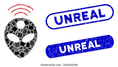 Mosaic alien head and grunge stamp seals with Unreal phrase. Mosaic vector alien head is designed with scattered rectangle items. Unreal stamp seals use blue color, and have round rectangle shape.