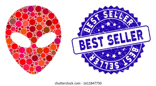 Mosaic alien head icon and distressed stamp seal with Best Seller text. Mosaic vector is formed with alien head icon and with random spheric elements. Best Seller seal uses blue color,
