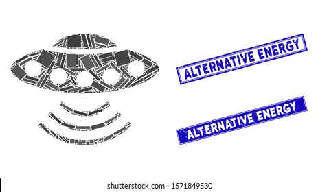 Mosaic alien invasion pictogram and rectangle Alternative Energy stamps. Flat vector alien invasion mosaic pictogram of random rotated rectangle elements.