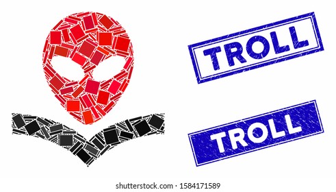 Mosaic alien knowledge book icon and rectangular Troll seals. Flat vector alien knowledge book mosaic icon of random rotated rectangular items. Blue Troll rubber seals with scratched textures.