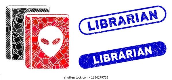 Mosaic alien library and corroded stamp watermarks with Librarian text. Mosaic vector alien library is created with scattered rectangle items. Librarian stamp seals use blue color,