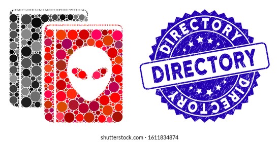 Mosaic alien library icon and grunge stamp seal with Directory phrase. Mosaic vector is composed with alien library icon and with random spheric items. Directory stamp seal uses blue color,
