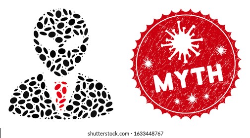 Mosaic alien manager icon and red round rubber stamp watermark with Myth phrase and coronavirus symbol. Mosaic vector is designed from alien manager icon and with randomized oval items.