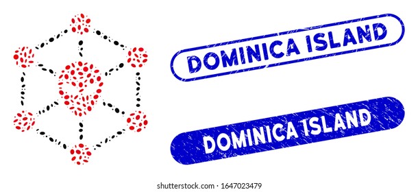 Mosaic alien network and grunge stamp seals with Dominica Island caption. Mosaic vector alien network is created with random elliptic items. Dominica Island stamp seals use blue color,