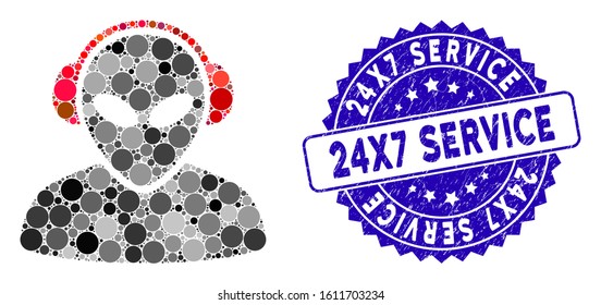 Mosaic alien operator icon and rubber stamp seal with 24X7 Service caption. Mosaic vector is designed with alien operator icon and with random spheric items. 24X7 Service stamp seal uses blue color,