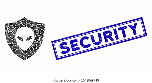 Mosaic alien protection and distressed stamp seal with Security caption. Mosaic vector alien protection is created with scattered rectangles. Security stamp uses blue color.