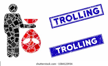 Mosaic alien scalp pictogram and rectangle Trolling rubber prints. Flat vector alien scalp mosaic pictogram of scattered rotated rectangle elements. Blue Trolling rubber stamps with distress surface.